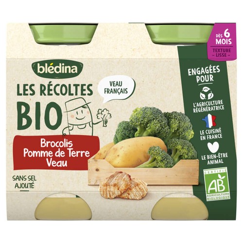 Blédina Petits Pots Bio Brocolis Pommes de Terre Veau Français 2x200g