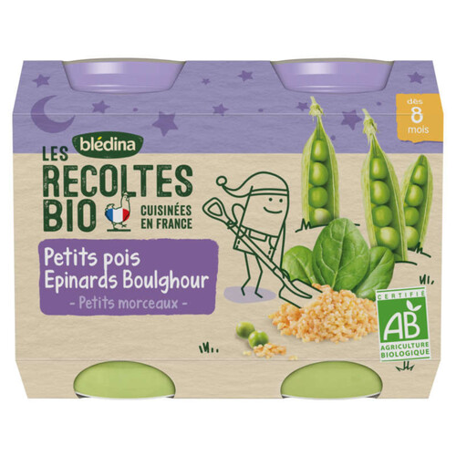 Les Recoltes Bio Petits Pois Epinards Boulghour dès 8 Mois 2 x 200g