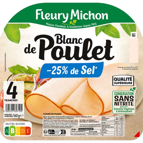 Fleury Michon Blanc De Poulet -25% De Sel x4