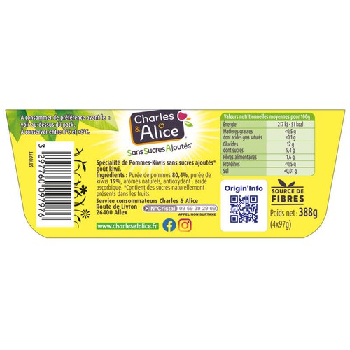 Charles & Alice Compote Pomme Kiwi Sans Sucres Ajoutés 4x97g