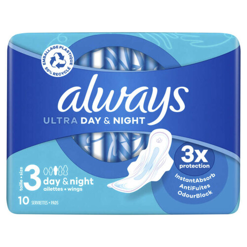 Always ultra serviettes jour et nuit taille 3 ailettes x10 serviettes