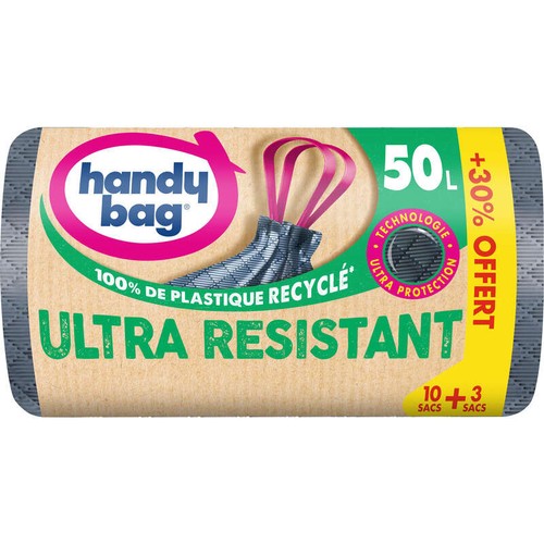 Handy Bag Sacs poubelle poignées coulissantes Ultra Résistant 100% plastique recyclé 10x50L + 30% Offert
