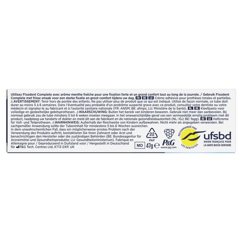 Fixodent Crème Adhésive Pour Prothèses Complete Fraîcheur 47ml
