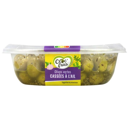Croc'Frais Olives Vertes Entières Cassées à l'ail 250g