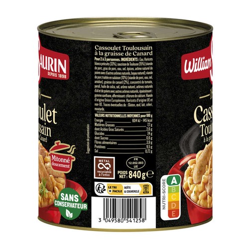 William Saurin Cassoulet Toulousain À La Graisse D'Oie, Mitonné Doucement 840g