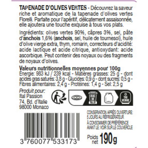 Florelli Tapenade d'Olives Vertes 190g