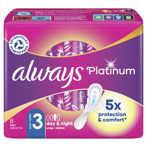 Always Platinum Nuit Taille3 Serviettes Hygiéniques avec Ailettes x8