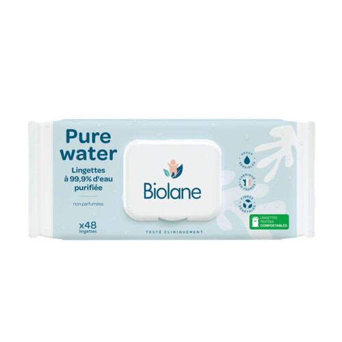 Biolane Pure Water Lingettes 99,9% d'Eau Purifiée x48