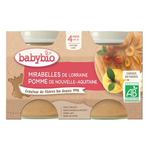 Babybio purée de mirabelle & pomme Bio 4M le pack de 2x130g.