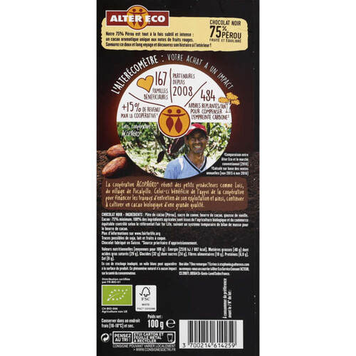 Alter Eco Chocolat Noir Pérou 75% Bio 100g 