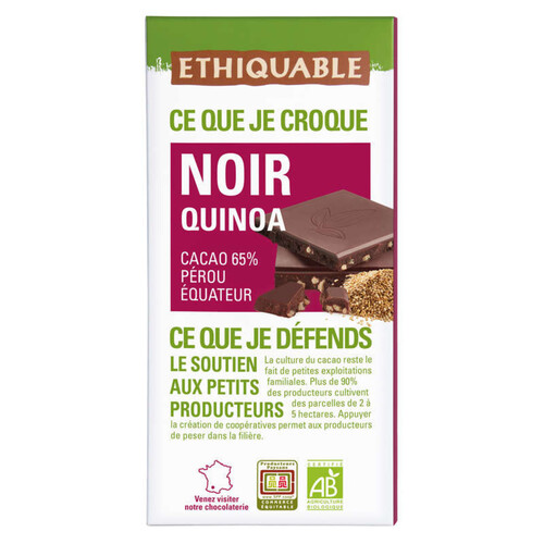 Ethiquable Chocolat Noir Quinoa 65% Bio 100g