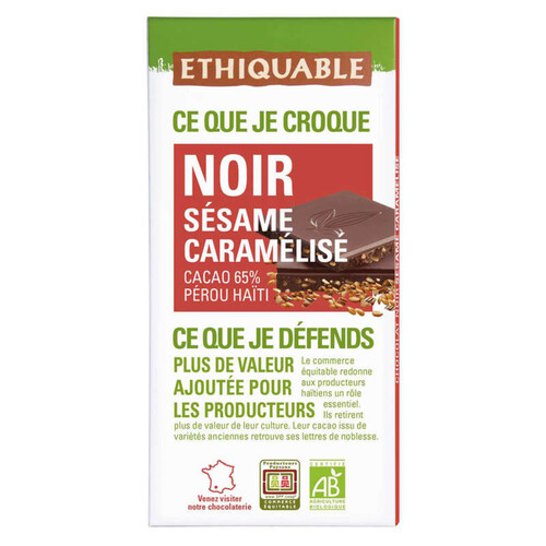 Ethiquable chocolat noir sésame caramélisé pérou/haïti bio 100g