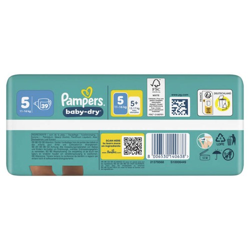 Pampers Baby-Dry Taille 5 - 11kg-16kg – x39 Couches