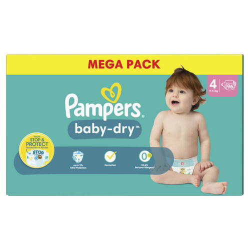 Pampers baby-dry taille 4, 96 couches, 9kg - 14kg
