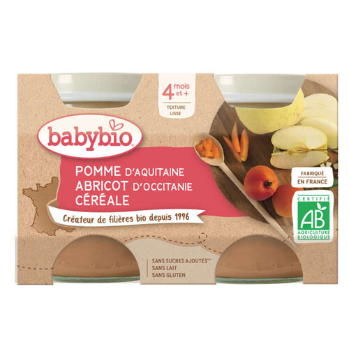 [Par Naturalia]  Babybio Pots Pomme Aquitaine, Abricot Occitanie, Céréale, dès 4 Mois, Bio 2 x 130g