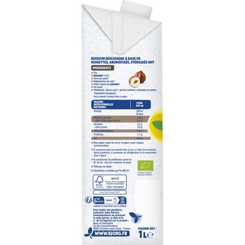 Bjorg Boisson Végétale Noisette Bio 1L