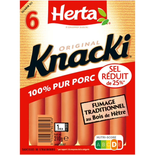 Herta Knacki saucisses 100% pur porc sel réduit x6 210g