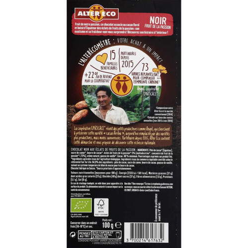 Alter Eco Chocolat Noir D'Equateur, Fruit De La Passion, Bio 100G