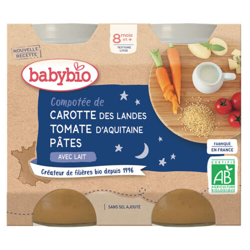 Babybio petits pots carottes, tomates & pâtes dès 8 mois 2x200g