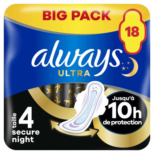 Always ultra serviettes secure night taille 4 ailettes x18