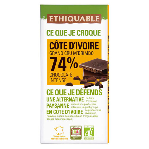 Ethiquable Chocolat Noir 74% Cote D'Ivoire Bio 100G