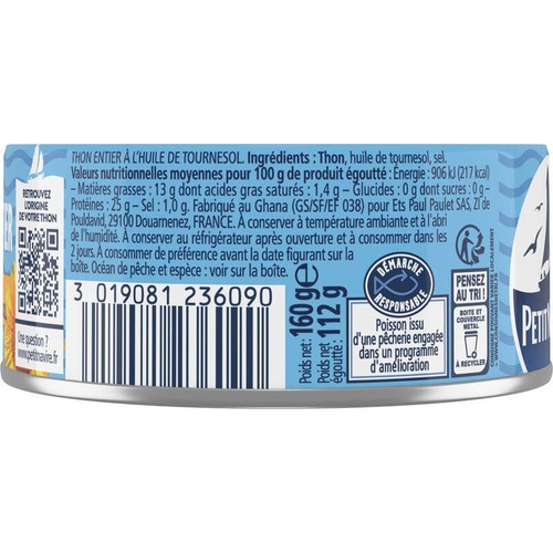 Petit Navire Thon Entier Huile De Tournesol 160g
