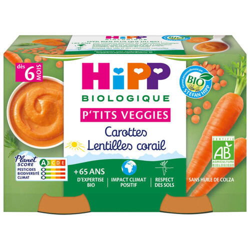 [Par Naturalia] HiPP Biologique P’tits Veggies Carottes Lentilles Corail Dés 6 mois Bio 2x125g