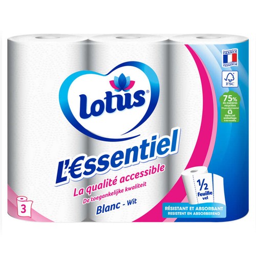 Lotus L'essentiel Blanc Rouleaux Essuie-tout x3
