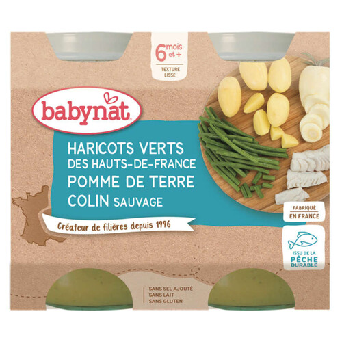 Babynat Babybio Haricots Verts de Vendée & Pomme de Terre, Colin Sauvage 6M et + 2X200g