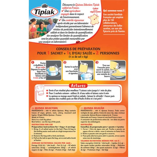 Tipiak Quinoa 2 Sachets Cuisson, Prêt En 6 Minutes 200g