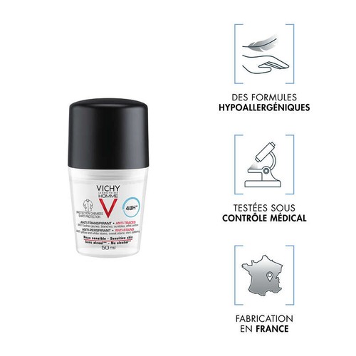 Vichy Homme Déodorant Anti-Transpirant 48H Anti-Traces Roll-On 50ml