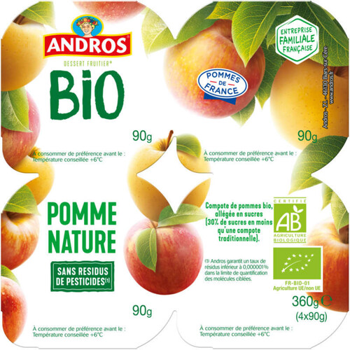 Andros Compote Pomme Nature Bio 4x90g