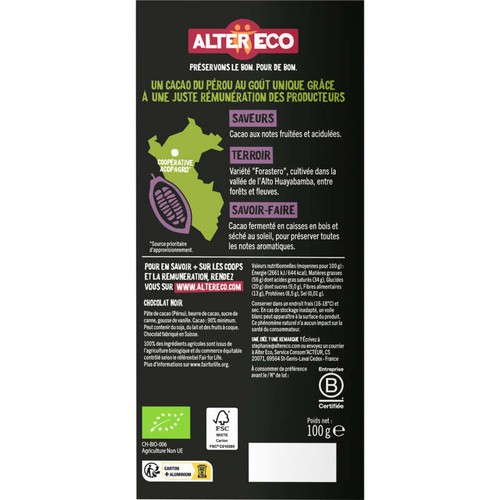 Alter Eco Tablette de Chocolat Noir 90% Pérou Bio 100g