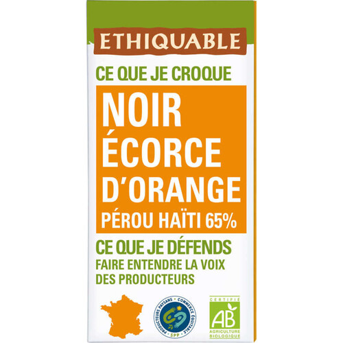 Ethiquable Chocolat Noir Orange Confite Bio 100G