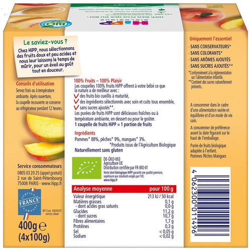 [Par Naturalia] Hipp Coupelles Pommes, Pêches & Mangue 8M Bio 4X100g