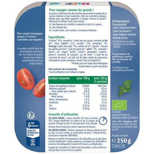 Hipp Biologique La Mamma Cannelloni aux Légumes 250g