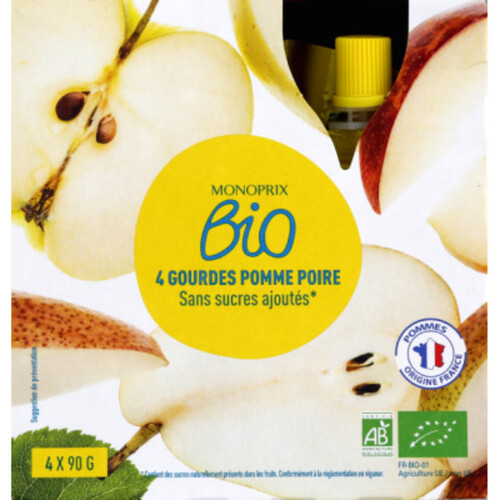 Monoprix Bio Gourdes pomme/poire sans sucres ajoutés 4x90g