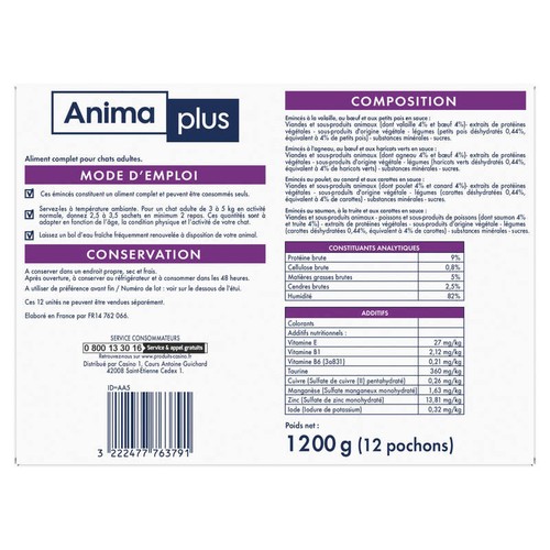 Casino Anima Plus Emincés en Sauce Chat Adulte x12 Pochons - 1200g