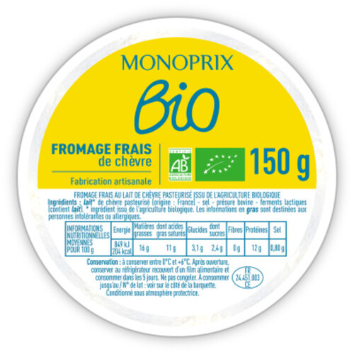 Monoprix Bio Fromage frais de chèvre 150g