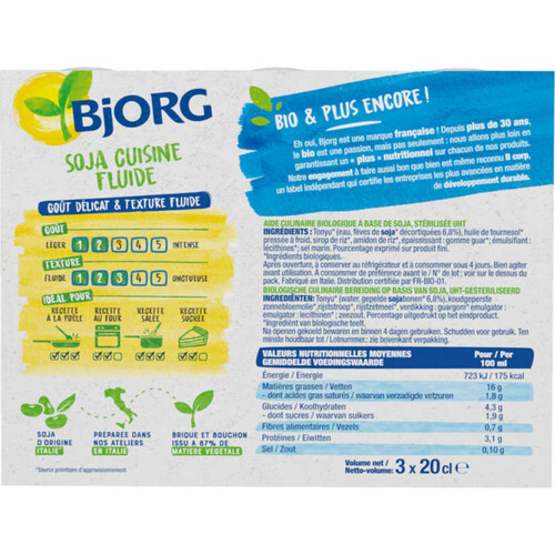 Bjorg Soja cuisine fluide Bio 3x20cl