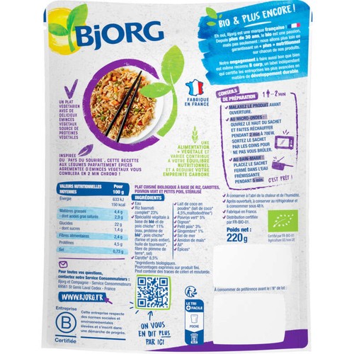Bjorg Recette Thai Riz Coco Veggie Bio 220g