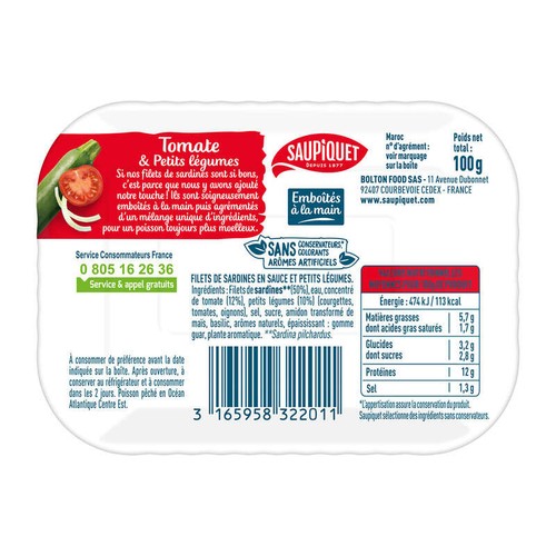 Saupiquet Filets de Sardines 1/6 Sauce Tomate & petits légumes 100g