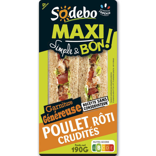 Sodebo Maxi Simple & Bon Sandwich Poulet Rôti Crudités 190g