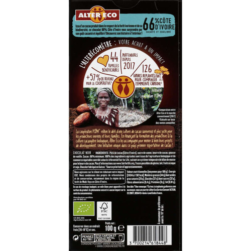Alter Eco Chocolat Noir Côte Ivoire 81% Bio 100g