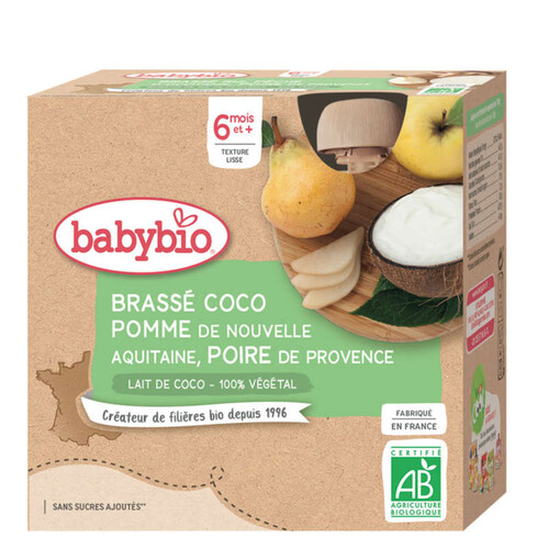 [Par Naturalia]  Babybio Dessert Brassé Bio Coco Pomme d'Aquitaine Poire Dès 6 mois 4x85g