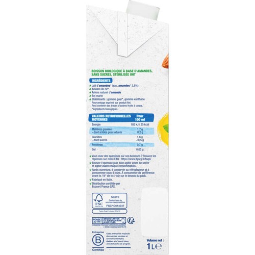 Bjorg Lait d'amande sans sucres Bio 1L