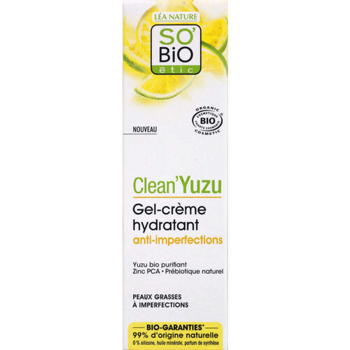 SO'Bio clean'yuzu gel-crème hydratant anti-imperfections peaux grasses 40ml