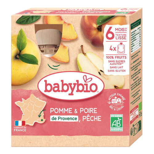 Babybio purée de pomme, poire et pêche bio 4x90g