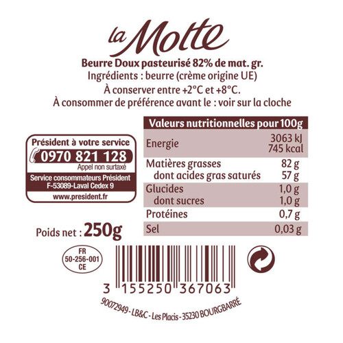 Président Beurre Gastronomique doux 82% MG Motte 250g