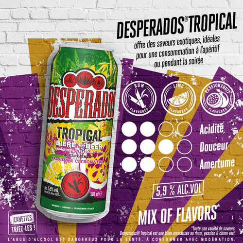 Desperados Tropical - Bière aromatisée au spiritueux Rhum, Fruit de la passion, Citron vert - 50 cl - 5,9°